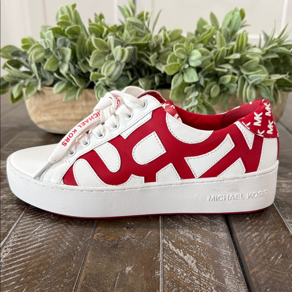 NWT Michael Kors Poppy Graphic Logo Leather Sneakers - White/Red - Size 7 1/2 - Picture 11 of 15